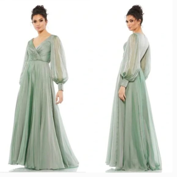 MAC DUGGAL 67873 SHEER BLOUSON SLEEVE SURPLICE SAGE CHIFFON GOWN  sz 18 - Picture 3 of 3